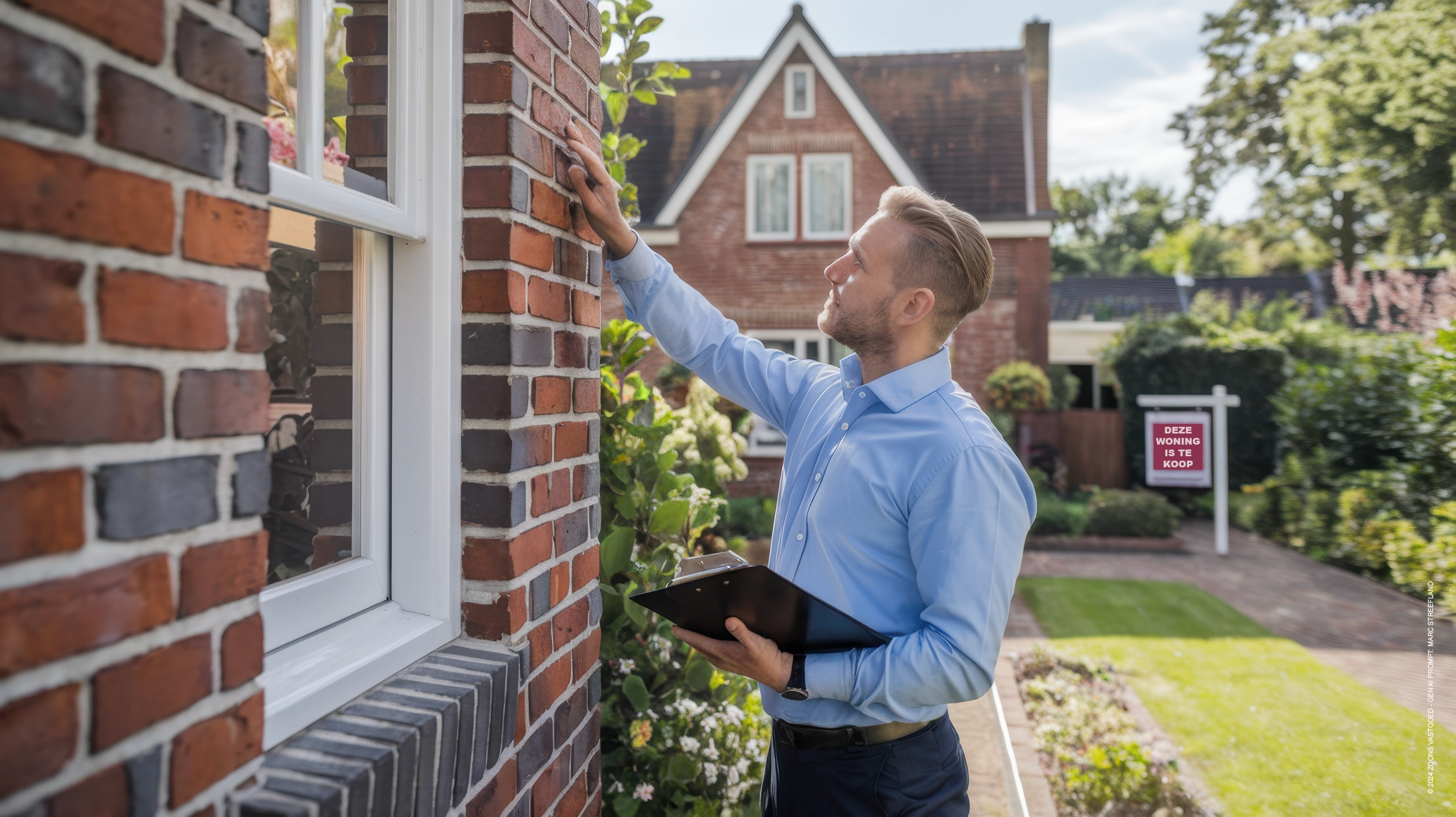 Een huisinspecteur controleert de bakstenen en kozijnen van een Nederlandse woning te koop, met een goed onderhouden tuin en een "Te Koop"-bord op de achtergrond.